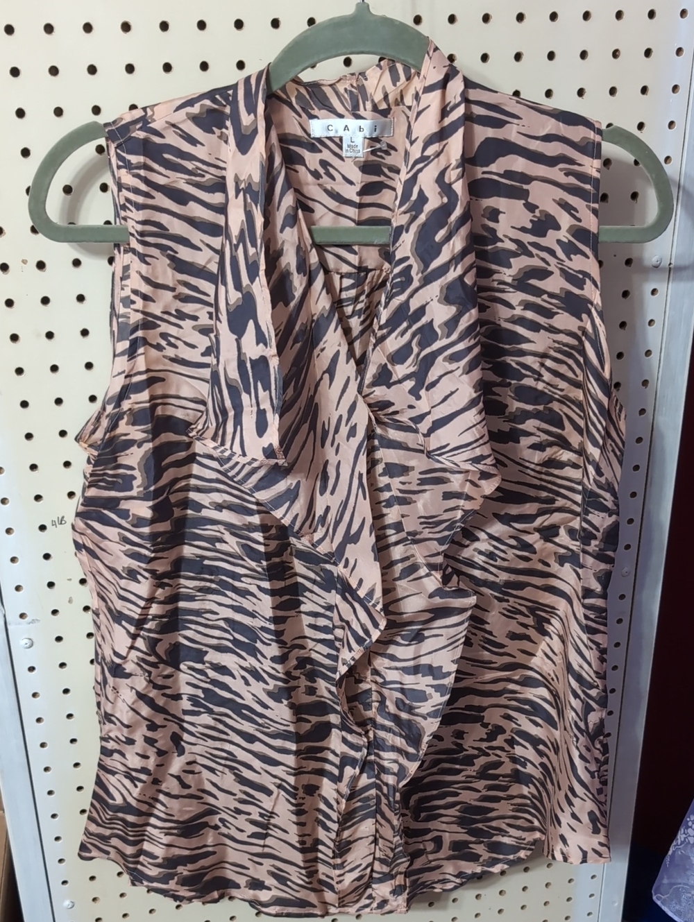 CAbi Blush Taupe and Brown Ruffle Front Sleeveless Blouse